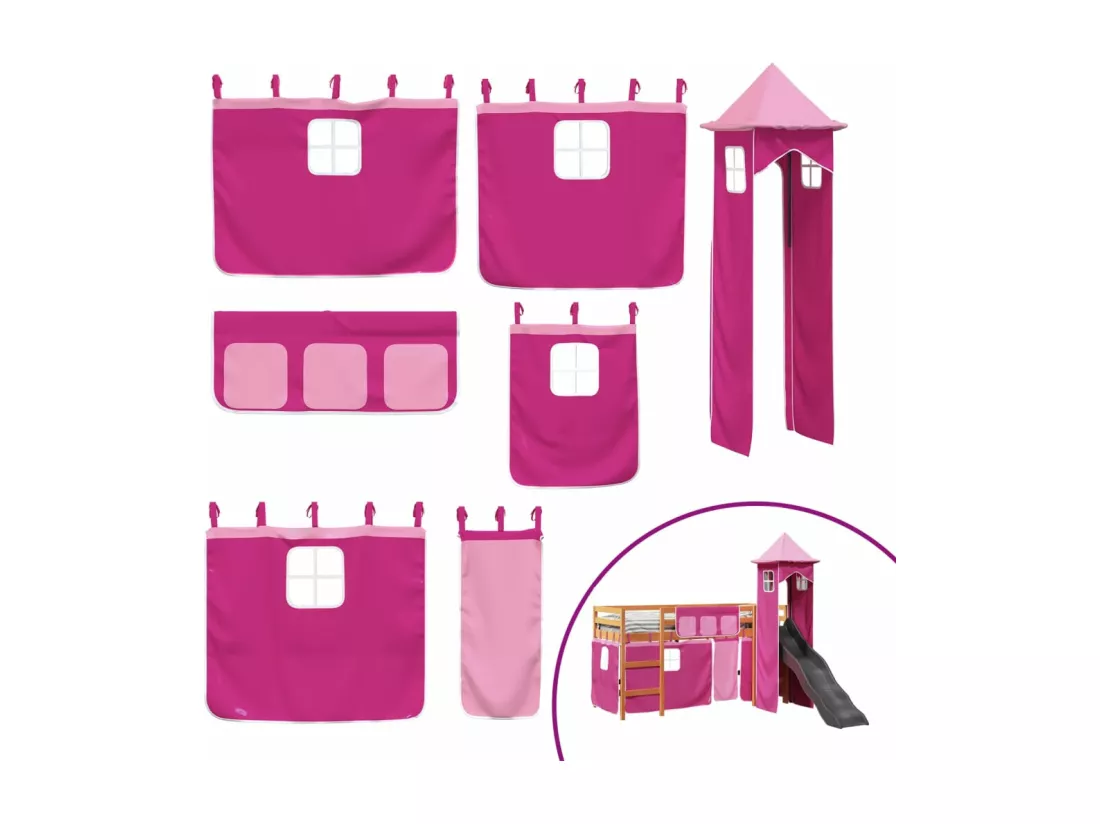 Lit mezzanine enfants avec tour rose 80x200cm bois pin massif
