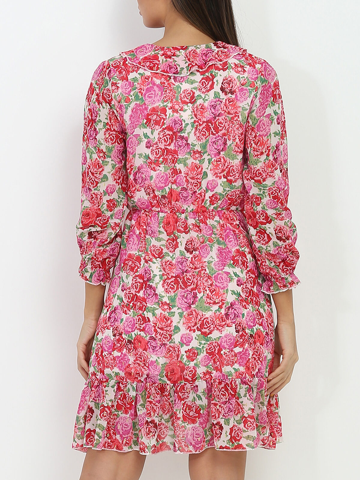 Robe à fleurs et volants- Blanc
