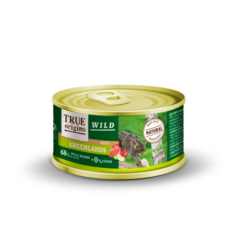 Lata de 100g de alimento para gatos True Origins Wild Adult Greenlands Wild Boar