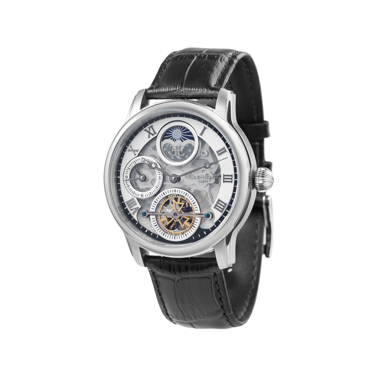 Montre EARNSHAW Longitude Shadow homme automatique acier bracelet cuir noir