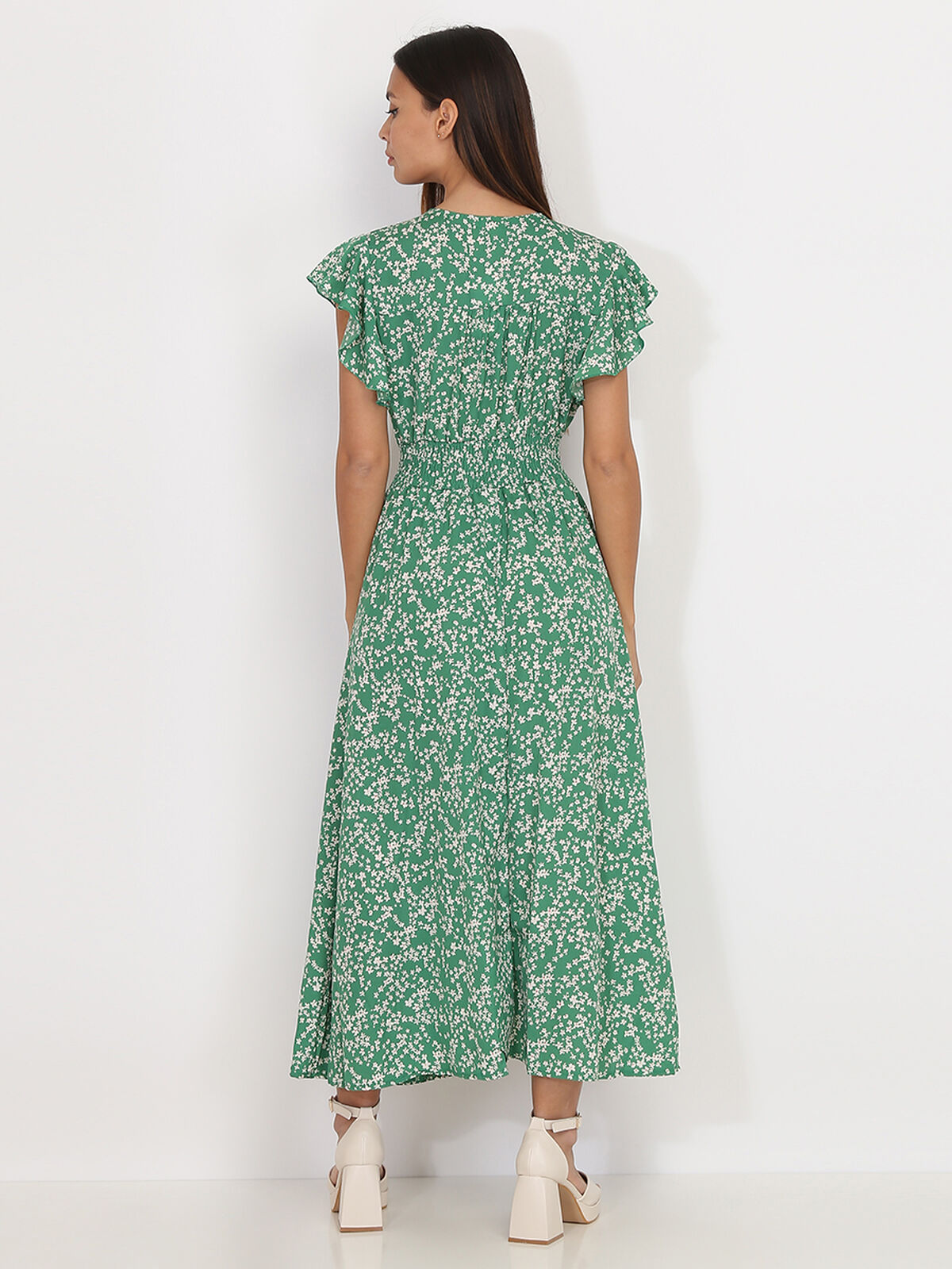 Robe évasée smockée à fleurs- Vert