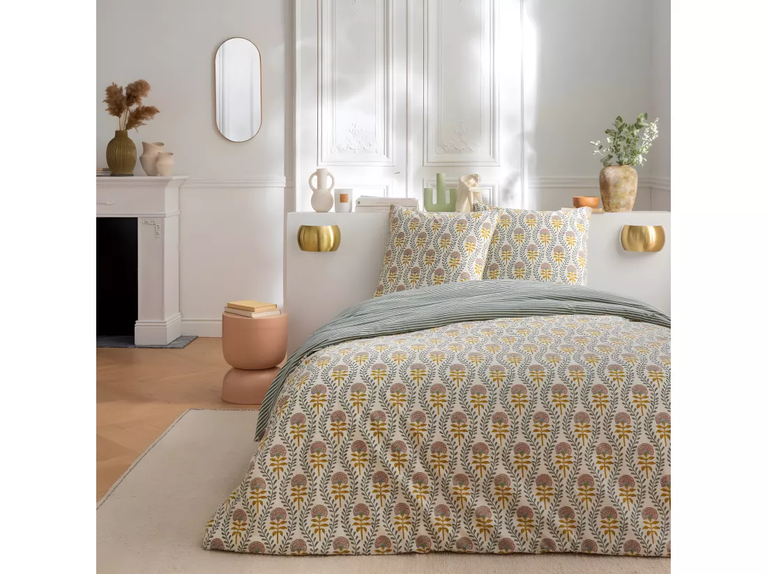 Parure de lit 2 personnes floral charme rayé 240x220cm
