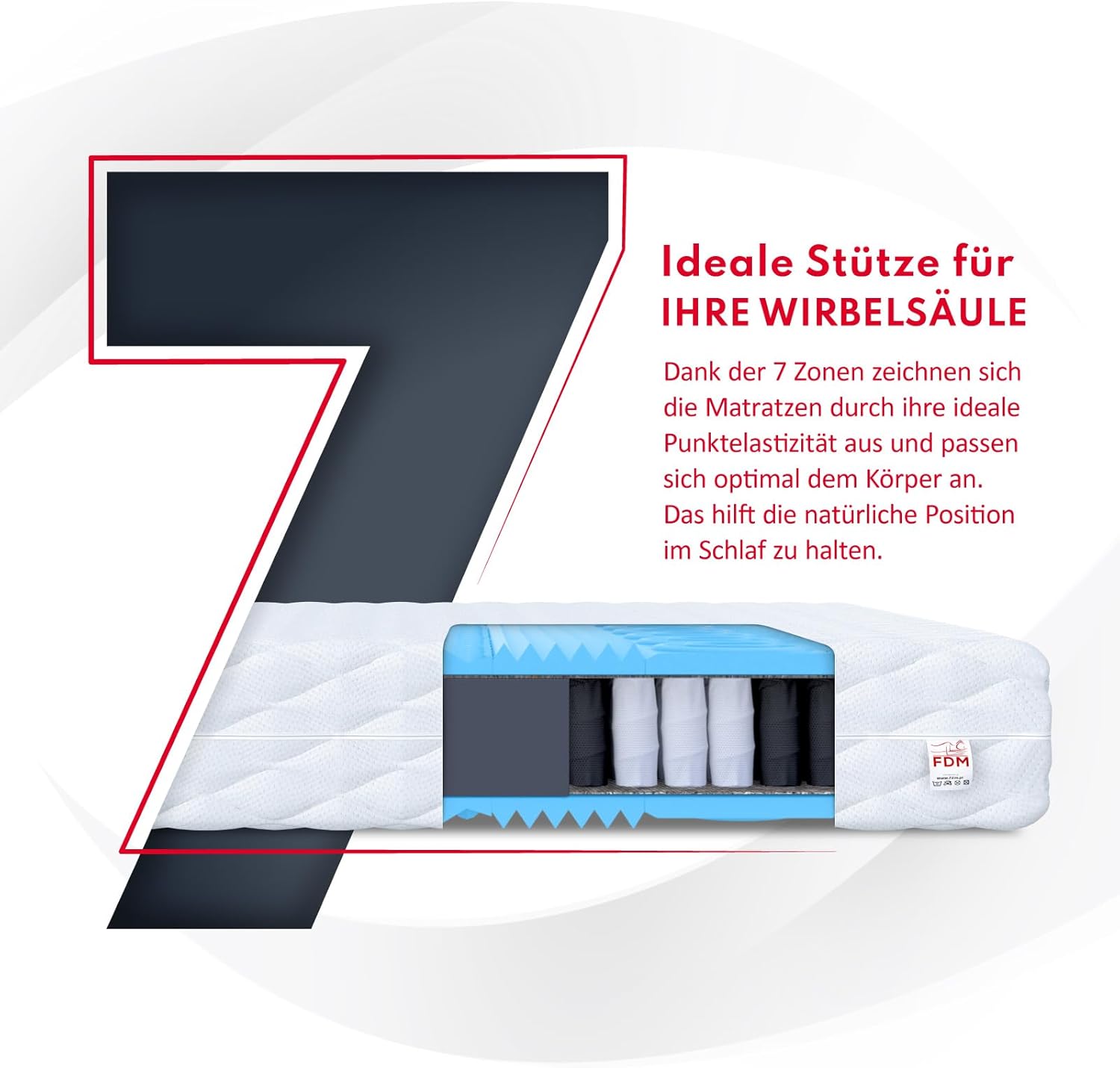 FDM Massage Matratze 90x200 cm Taschenfederkern Höhe 17 cm Härtegrad H3 7-Liegezonen Öko-Tex Allergikergeeignet Bezug Waschbar HR-Schaum