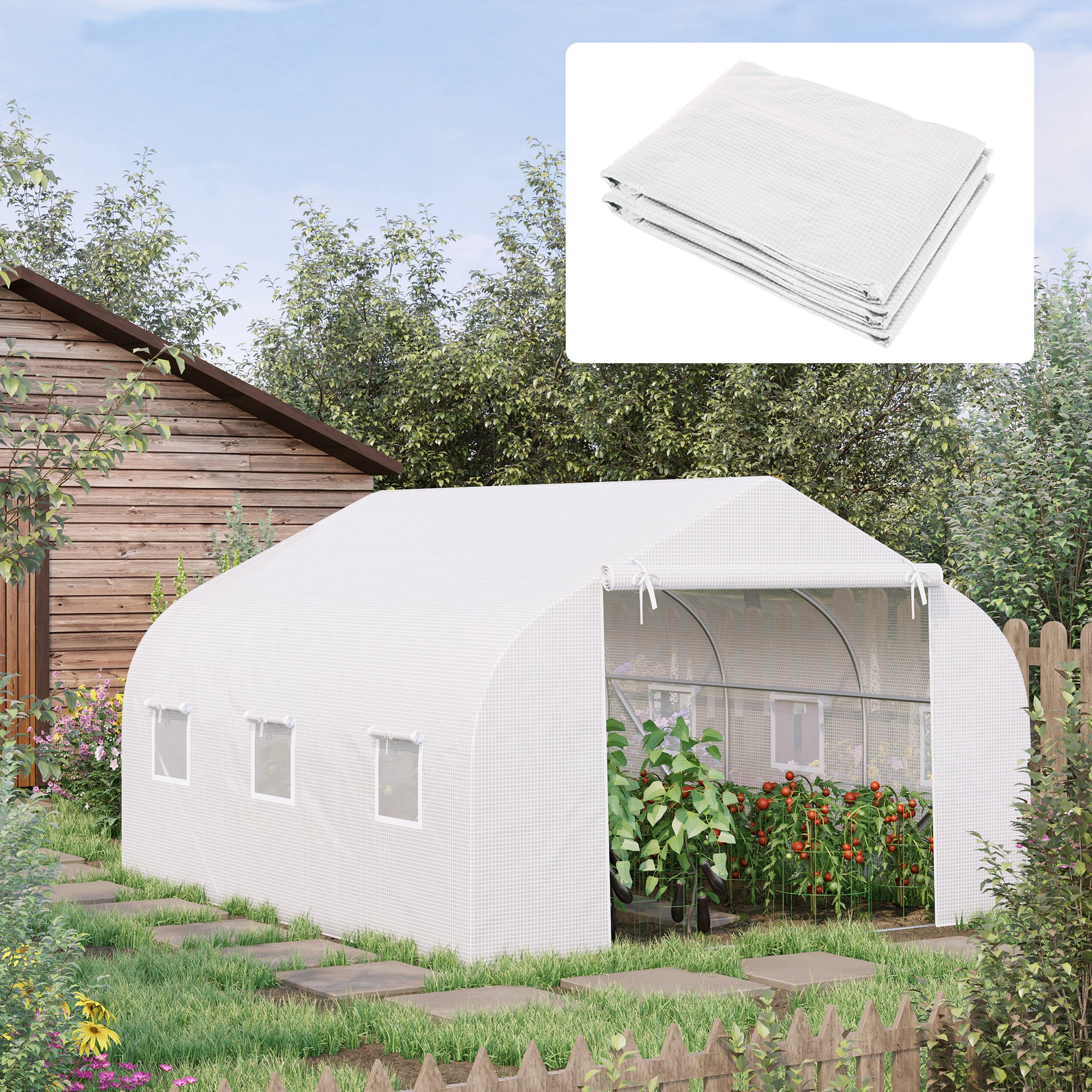 Cobertura de estufa túnel Outsunny 3,5x3x2 m, cobertura de substituição em polietileno com 6 janelas e porta de enrolar, proteção para plantas de jardim, branca.