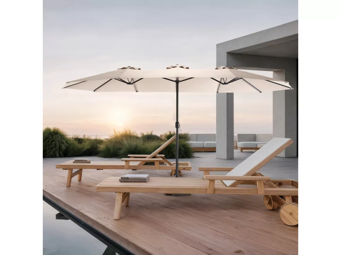 Parasol déporté - en acier et 100% tissu polyester - pour balcon jardin plage - Sans Base - 453x267x255cm - Kaki