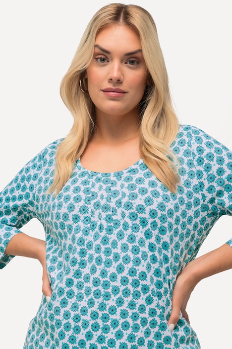 T-Shirt, Blüten, A-Linie, Zierfalten, Rundhals, 3/4-Arm