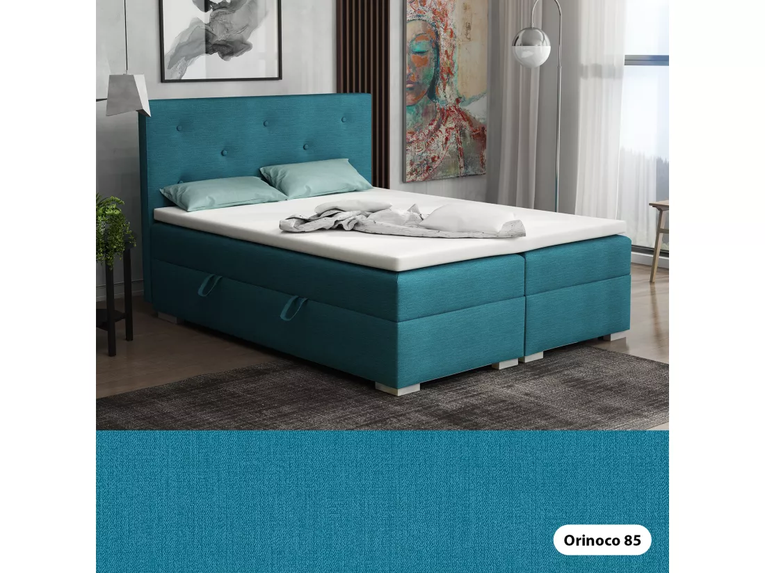 Lit Boxspring avec tiroirs de lit, Coffre de lit Topper Atlanta 200x200 cm, Orinoco 85 (Bleu turquoise)