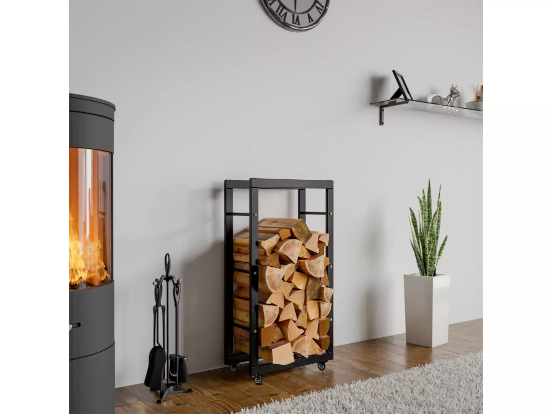 Etagère bois de cheminée - Métal - 25x40x80 cm - Noir - Keri