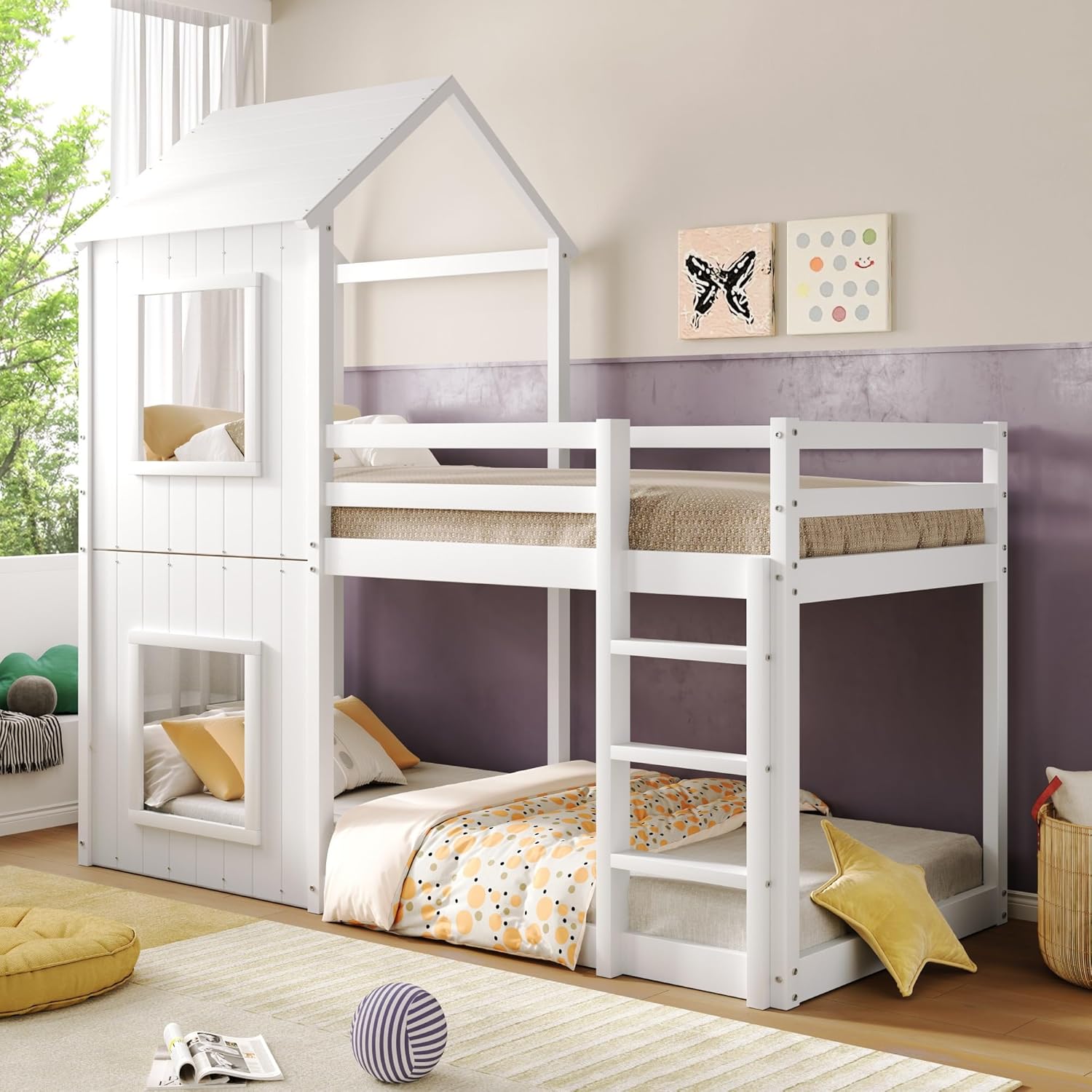 Kinderbett 90x200 cm, Etagenbett für 2 Kinder, Hochbett mit Rausfallschutz, Baumhaus Stockbett für Jungen und Mädchen, Massivholz Einzelbett Spielbett, ohne Matratze, Weiß