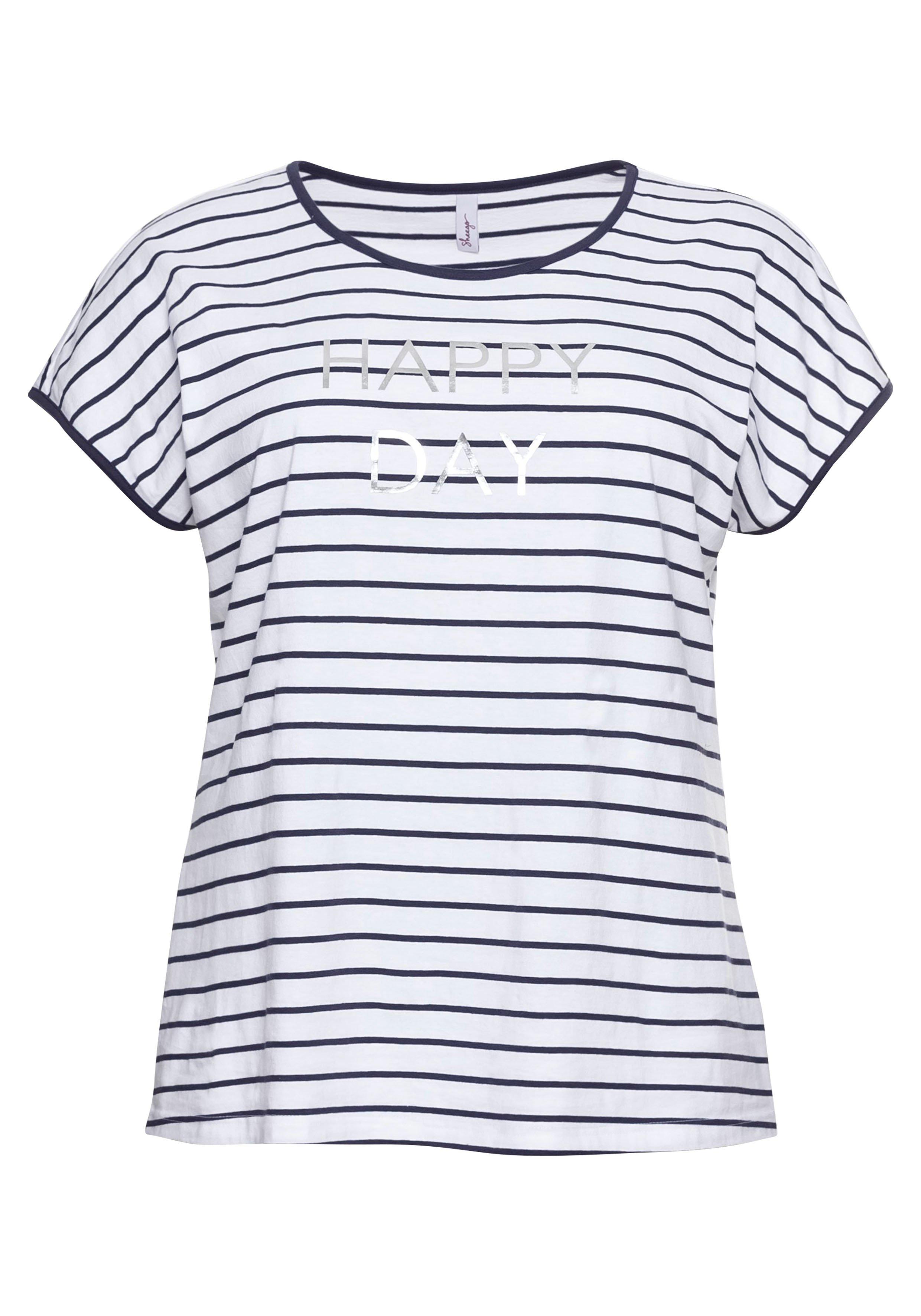 T-Shirt mit Ringeln und Statement-Foliendruck
