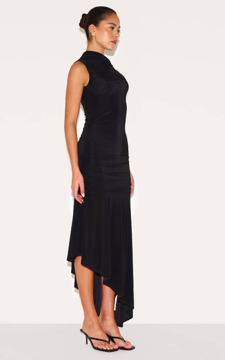 Noir Robe Mi-longue Asymétrique Froncée En Tissu Soyeux Double Épaisseur