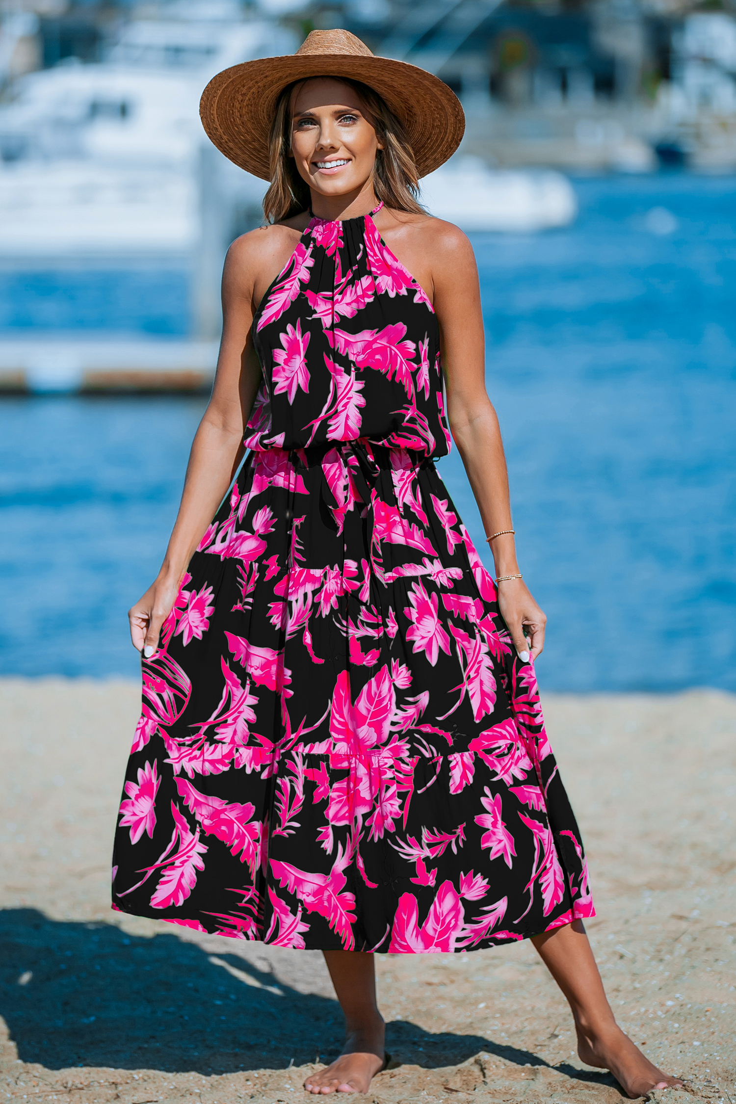 Robe maxi avec col haut sans manches à fleurs