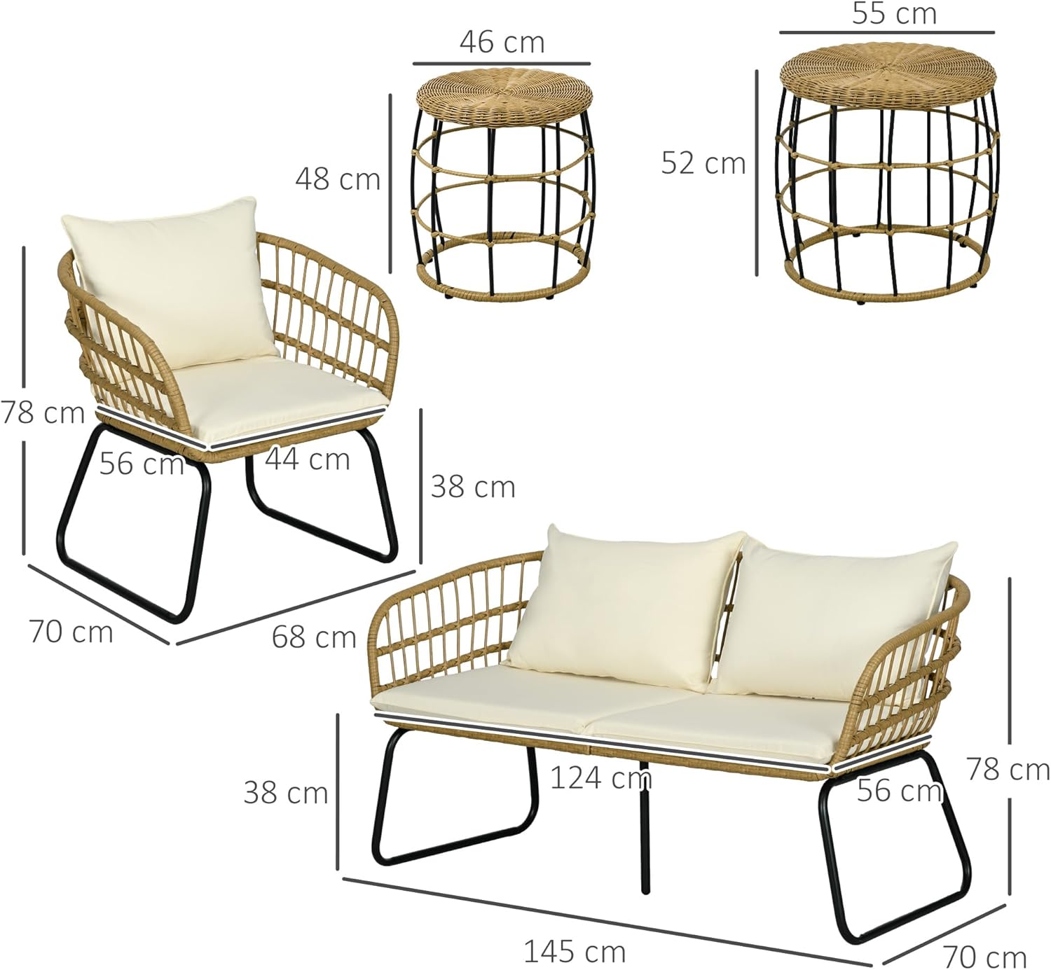 Outsunny 5 TLG. Rattan Gartenmöbel-Set, Sitzgruppe mit Kissen, Gartengarnitur mit 2 Couchtischen, 2 Sesseln, 1 Doppelsofa, Sitzgarnitur für Garten, Terrasse, Stahl, Beige