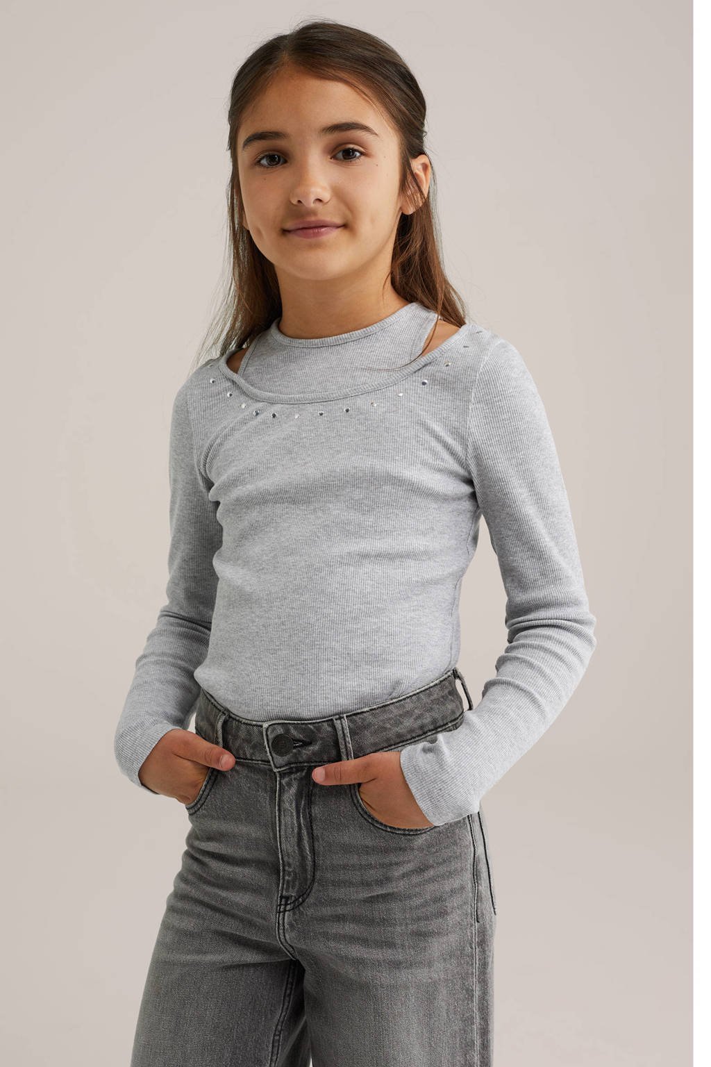 WE Fashion longsleeve grijs melange rib gebreid