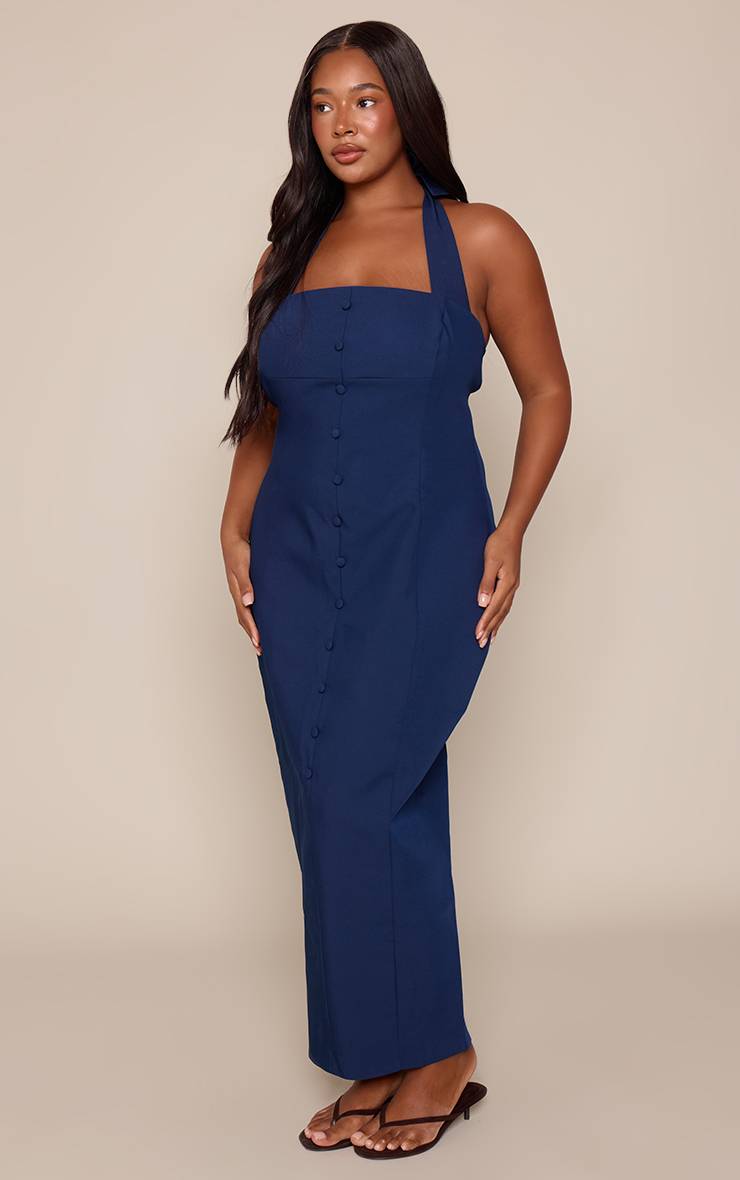 Bleu Marine Robe Longue Grande Taille Tissée À Col Licou Avec Boutons