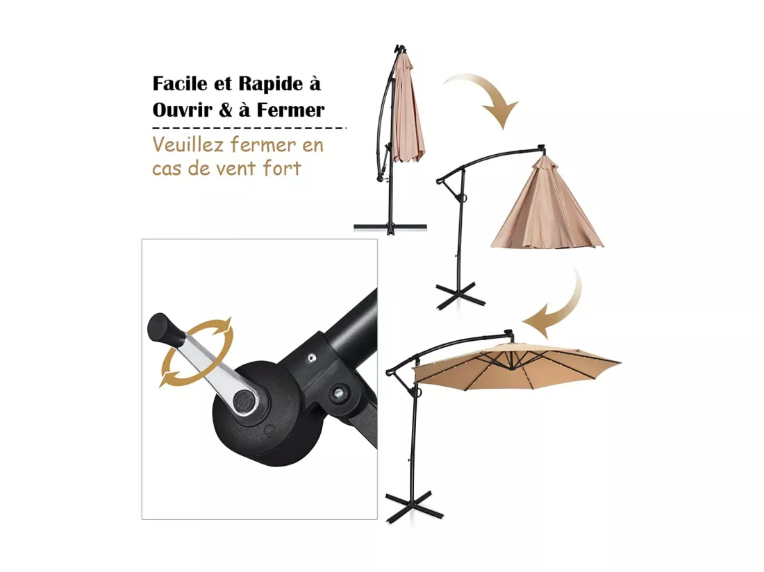 Parasol Déporté Exterieur Lumières LED Solaires 3M, Parasol de Marché à 8 Côtes en Aluminium, Réglages d'Inclinaison Rotation, Manivelle, Base Croisée, pour Jardin Terrasse Beige