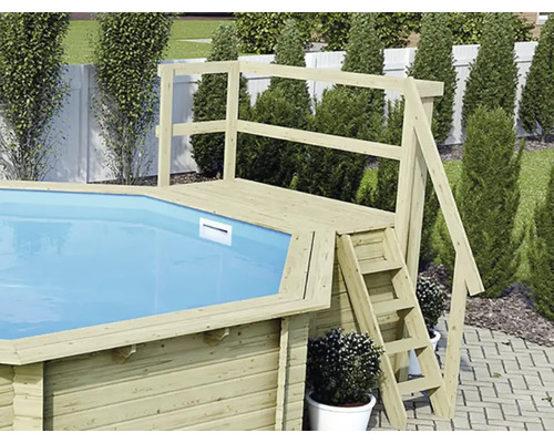 Opbouw houten zwembadset Karibu Classic 2C rond Ø 470x124 cm incl. ladder, bodembeschermvlies, zonnedek & 1 houten vleugel