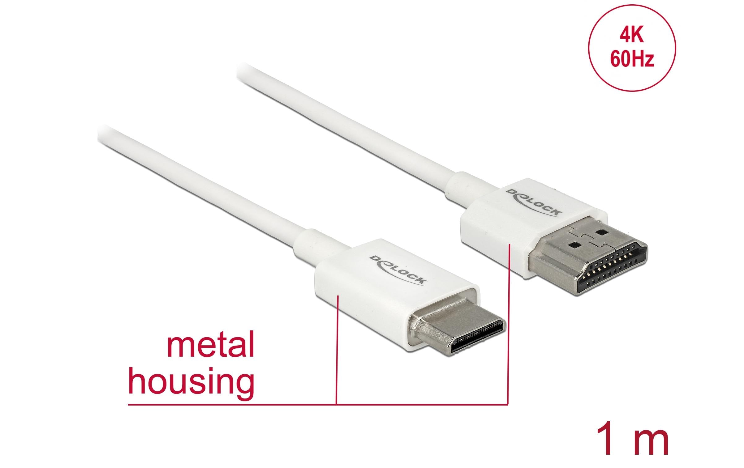 Kabel 4K 60Hz HDMI - Mini-HDMI (HDMI-C), 1 m, WeissDelock Kabel High Speed HDMI mit Ethernet – HDMI-A Stecker > HDMI Mini-C Stecker 3D 4K 1 m Slim High Quality