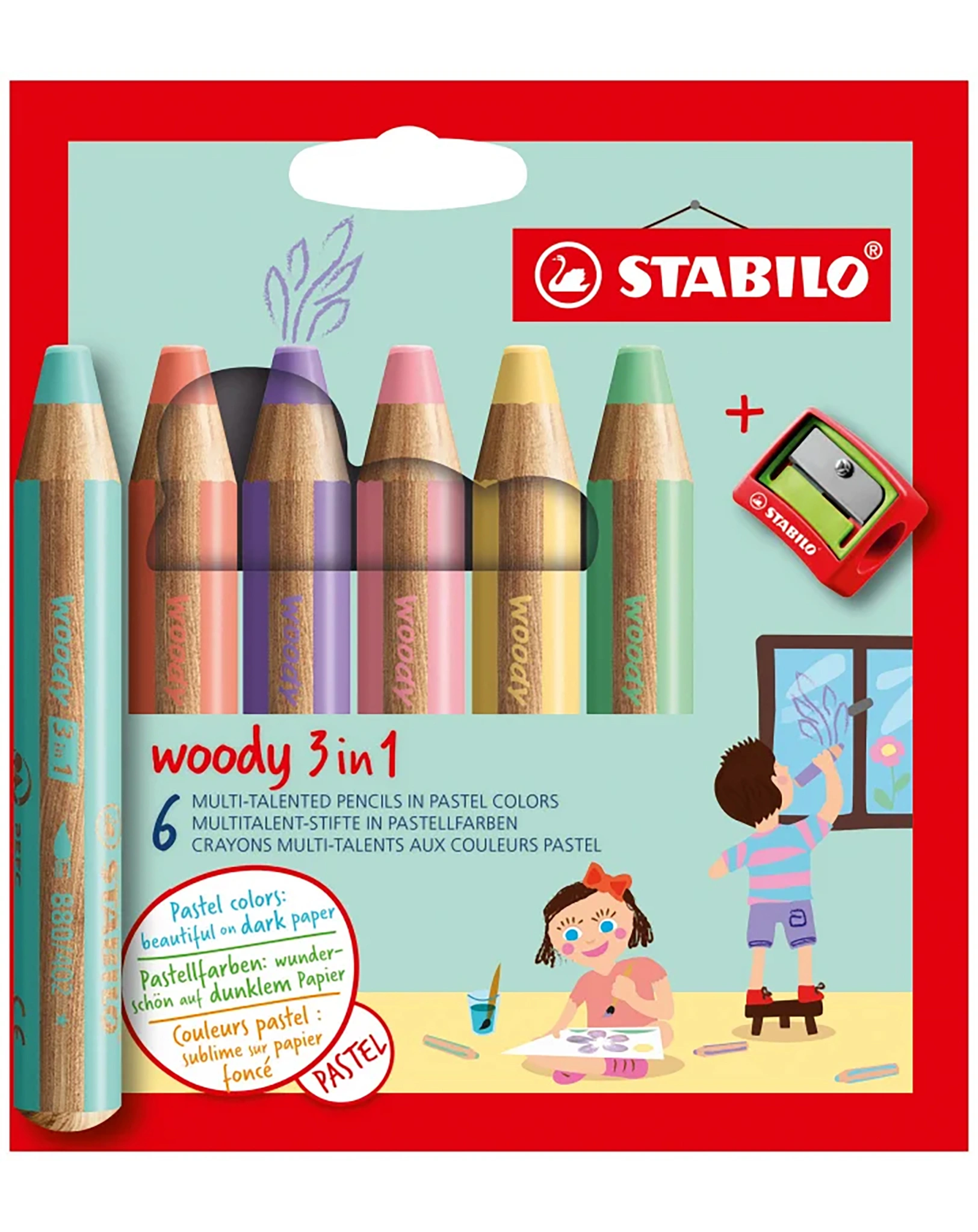 Buntstift STABILO® woody 3in1 Pastel 6er-Set mit Spitzer