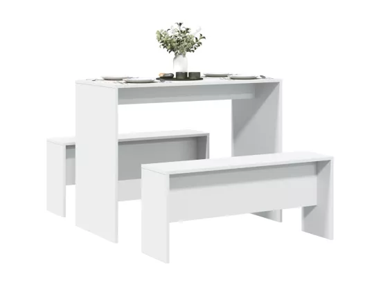 Ensemble table à manger et bancs 3pcs blanc bois d'ingénierie