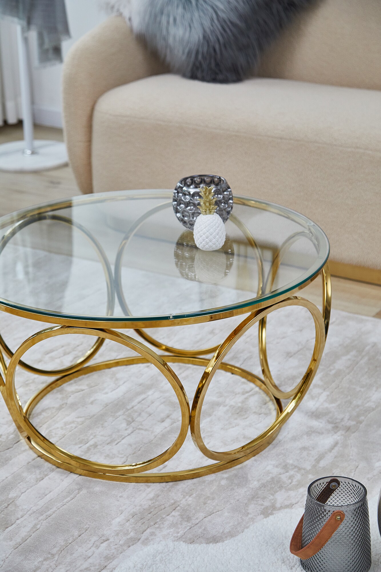 Couchtisch Ø 80 cm gold Glastisch Beistelltisch Sofatisch Wohnzimmertisch