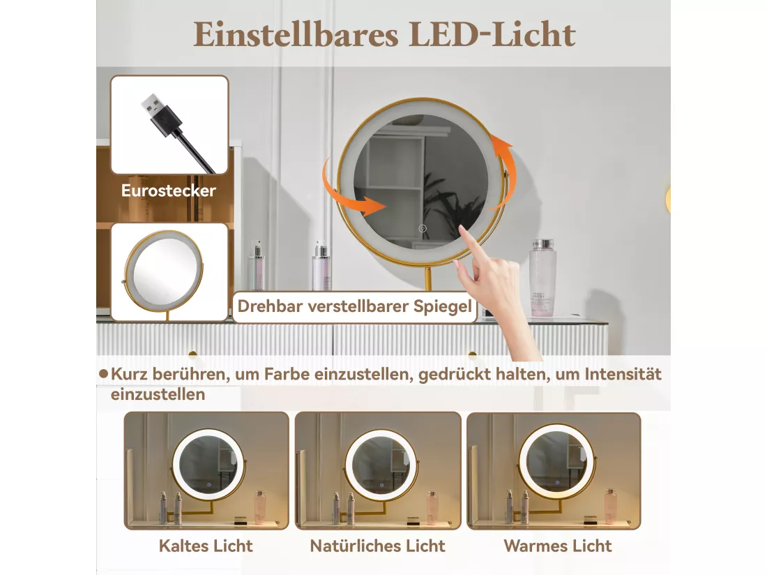 Coiffeuse avec miroir, 5 tiroirs et une porte en verre - 120 x 45 x 115 cm - Panneau de particules - LEDs - Blanc (sans tabouret)