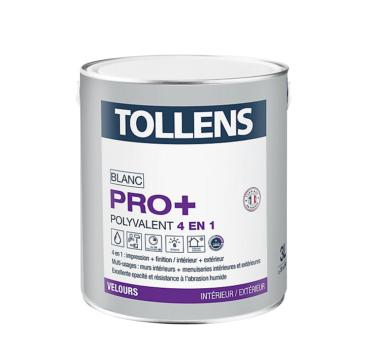 Peinture 4 en 1 Tollens pro+ blanche velours 3L