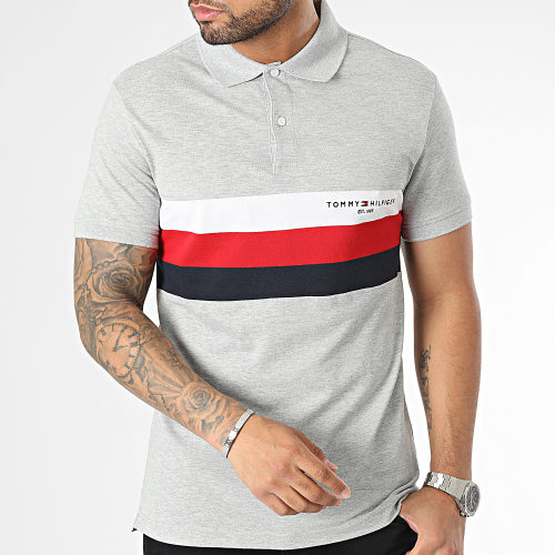 Polo Manches Courtes Chest Colourblock Slim 0766 Gris Chiné