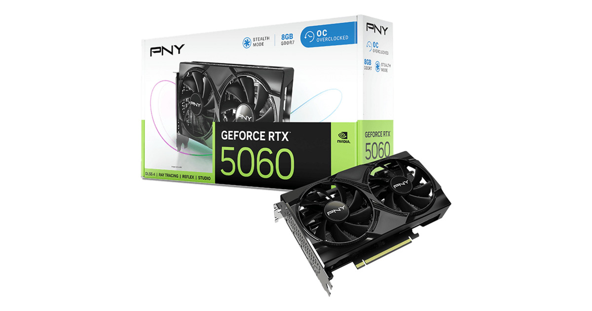 PNYGeForce RTX 5060 Dual Fan OC grafische kaart  (DLSS 4, 3x DisplayPort, 1x HDMI 2.1)