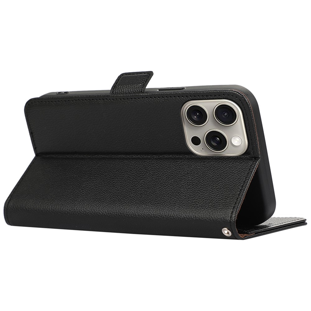 iPhone 13 Pro Leder Tasche Flip Cover Litchi Look (RFID Schutz) - Schwarz