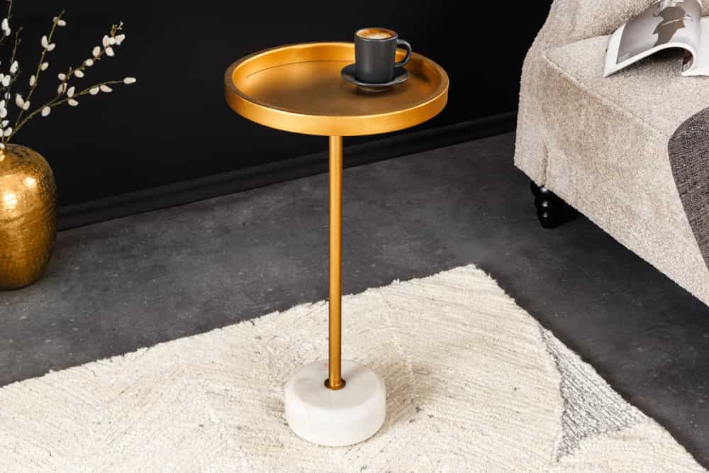 Runder Beistelltisch TRAYFUL 60cm gold Eisen weiß Marmorfuß handmade