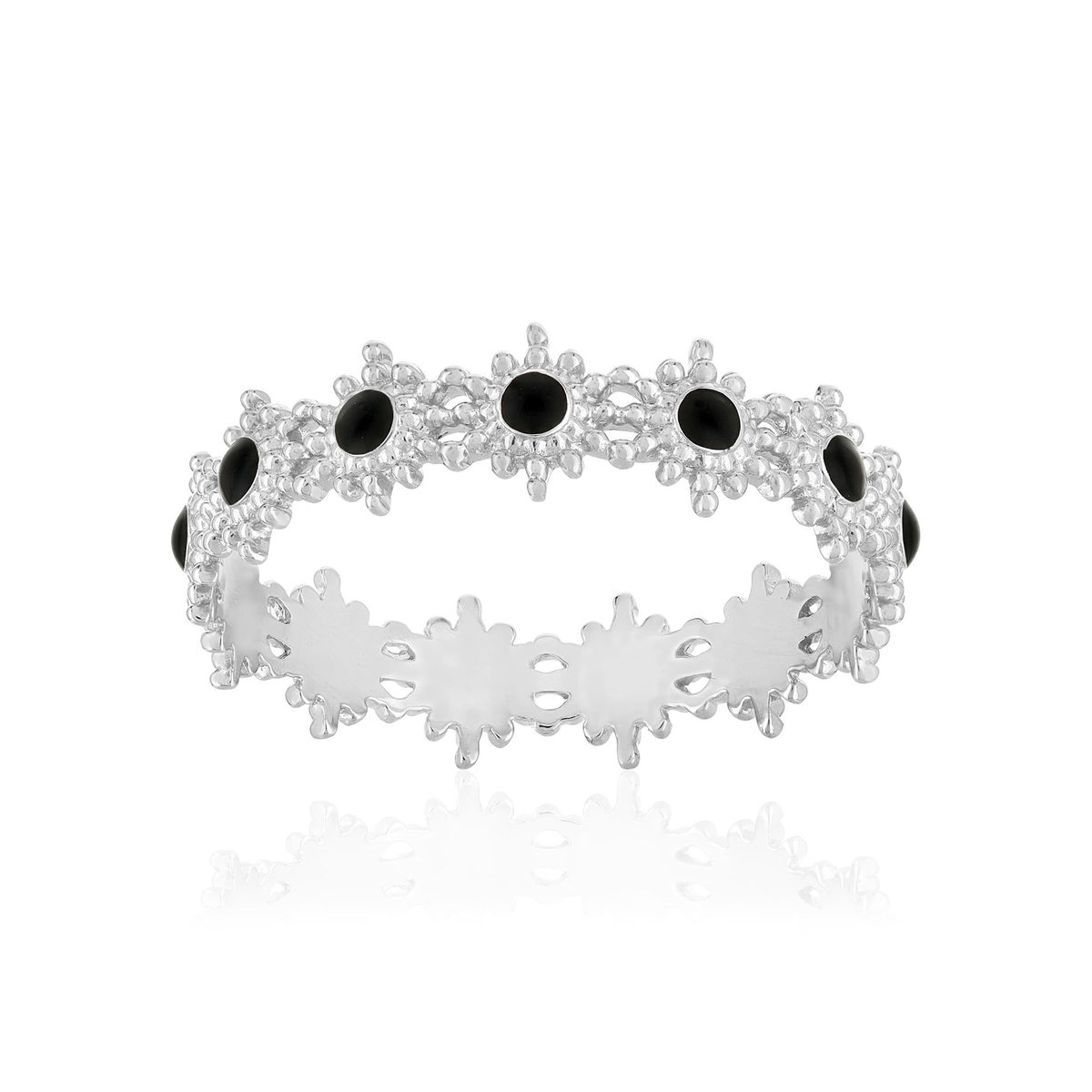 Bague argent 925 perlée motif soleil et la que noire