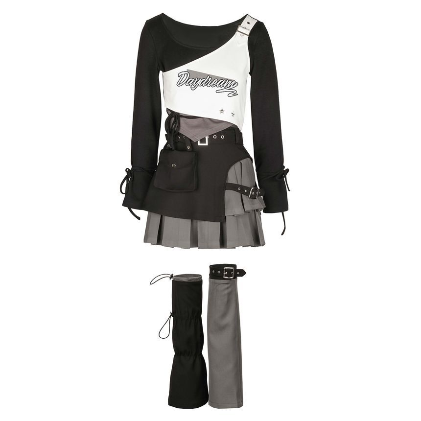 Florimi - Tanktop met één schouder en gesp en tekstprint / Top met lange mouwen en boothals / Asymmetrische beenwarmers / Effen midi-A-lijn cargorok / Tweekleurige coltrui met rits / Mini-A-lijn rok met geplooid paneel