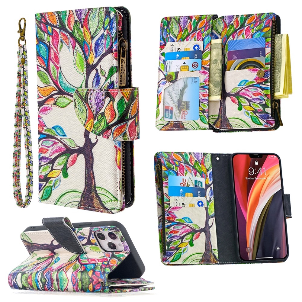 iPhone 12 / iPhone 12 Pro Leder Wallet Etui Tasche mit 9 Kartenfächern   Münzfach - Blühender Baum