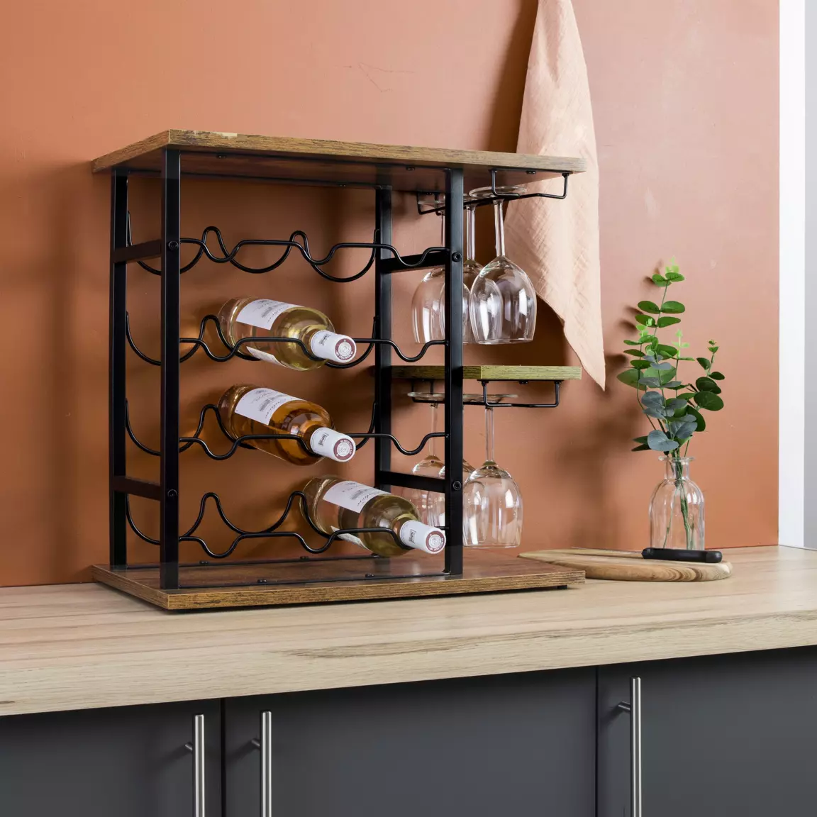 Meuble range-bouteilles industriel 12 emplacements et porte-verres (H50 cm) Arthur Noir