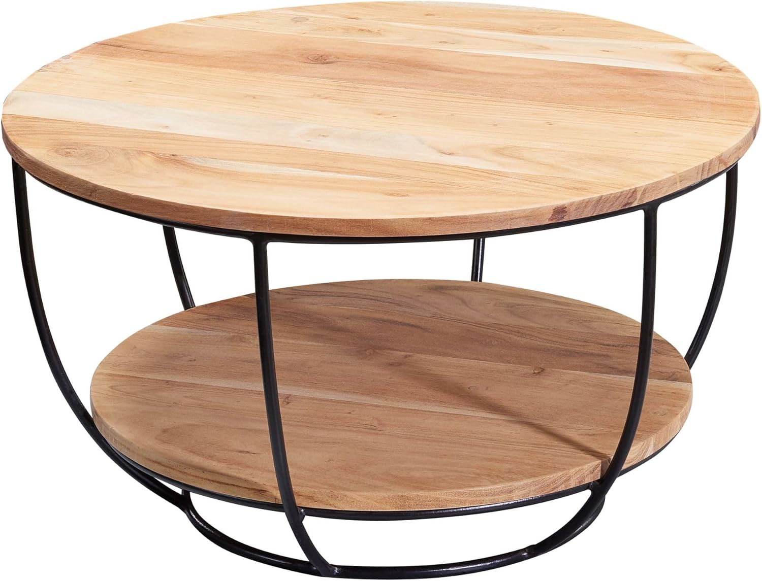 FineBuy Couchtisch Akazie Massivholz rund 60 cm · Wohnzimmertisch mit Ablage · Handgefertigt · Metallgestell in Schwarz · Moderner Industrial Design Sofatisch Braun