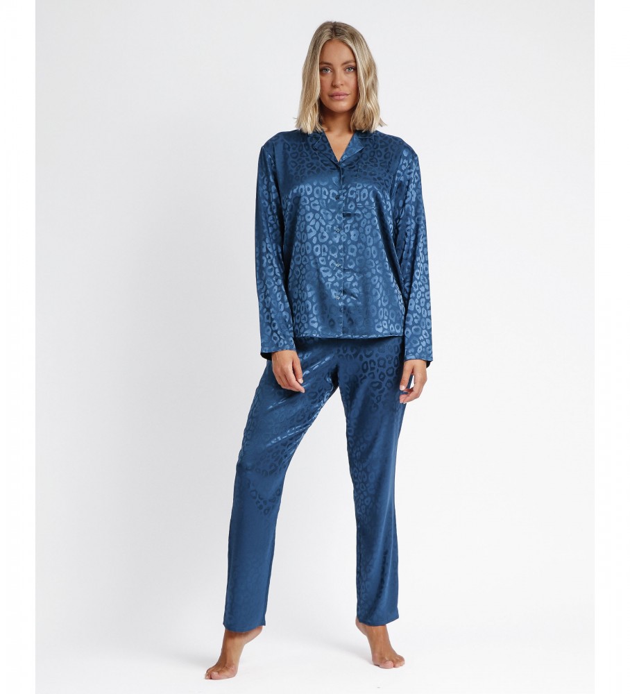 Pijama aberto Admas em cetim com estampa de leopardo azul