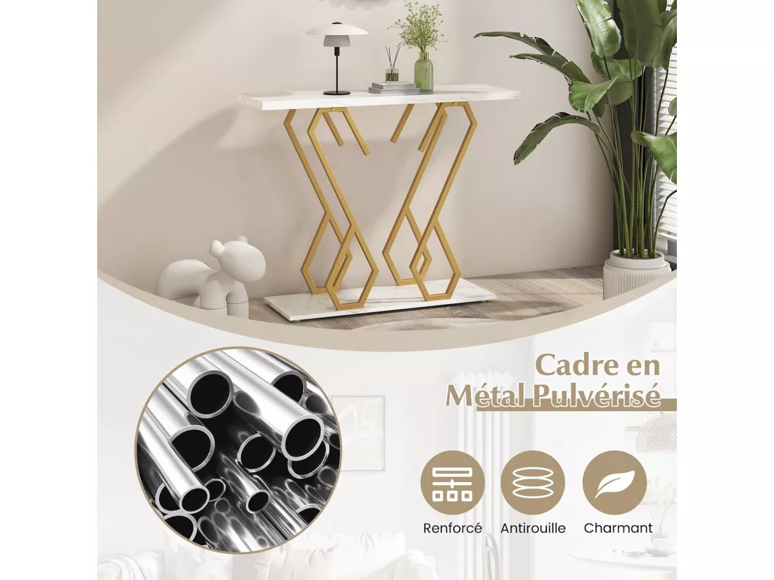 Table console, meuble d'entrée en faux marbre avec étagère 100 x 30 x 80 cm