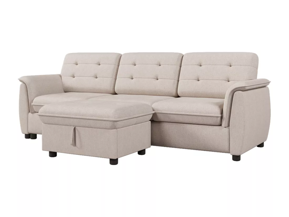 Canapé d'angle 3 places - tissu en lin - repose-pieds avec rangement - Beige