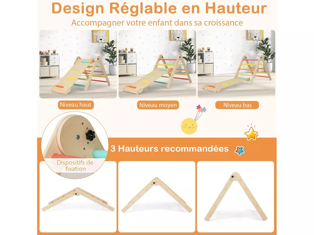 7 en 1 Triangle d'escalade Montessori Pliable avec Rampe Réversible & Chaise à Bascule Otarie, Arche d'escalade en Bois avec Hauteur Réglable, Charge 60kg pour Enfants de 3-14 Ans (Coloré)