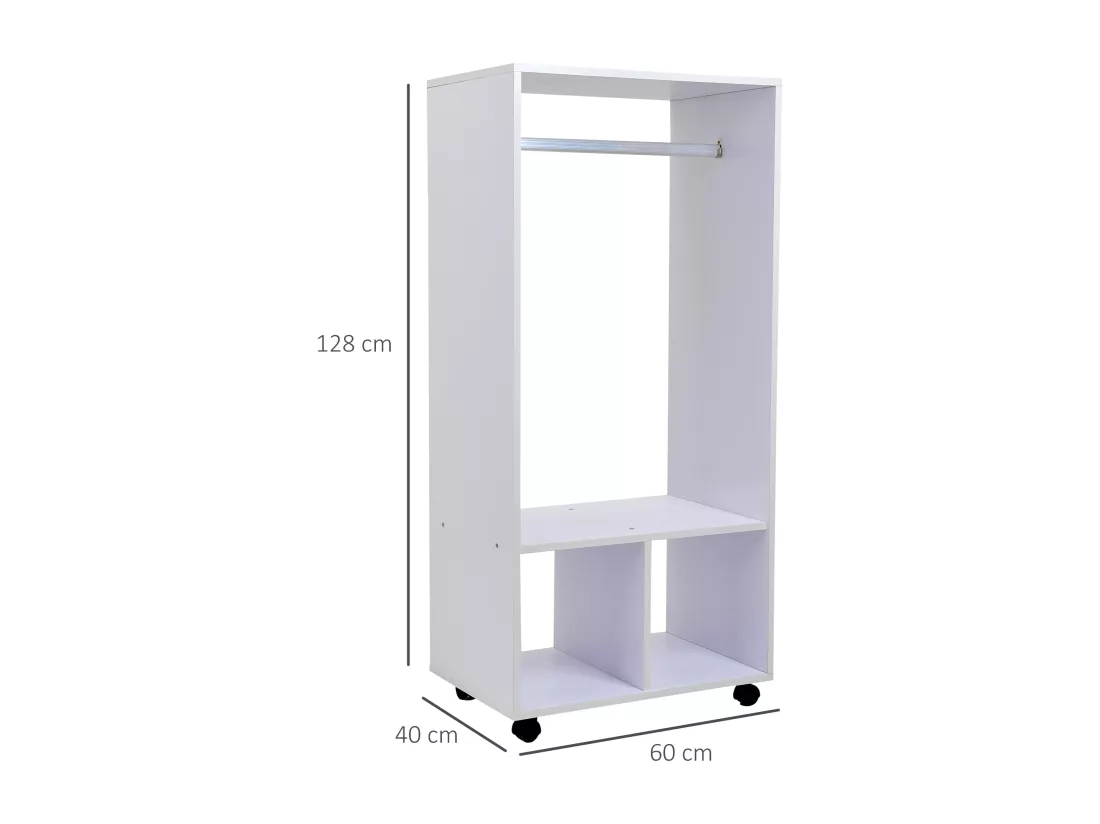 Portant à vêtements penderie mobile avec roulettes 2 niches + grand espace penderie panneaux particules blanc
