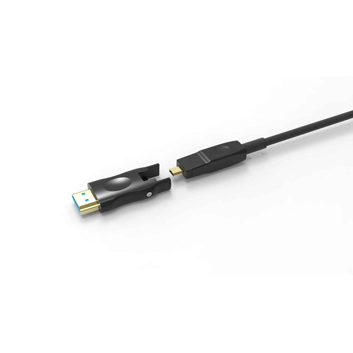 NÖRDIC 10m HDMI 2.0 AOC aktiv fiberkabel, 5 i 1 med avtakbare adaptere HDMI, DVI, USB-C, DP og HDMI-D