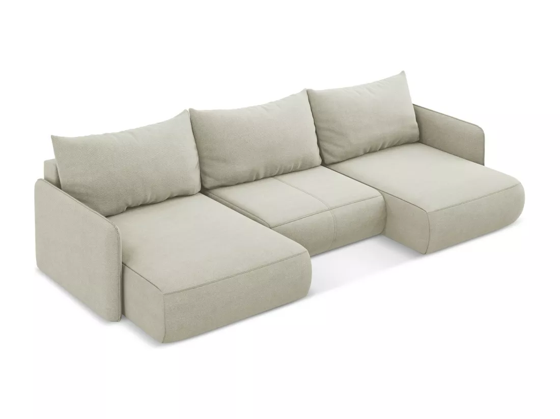 Canapé d'angle panoramique convertible en tissu texturé - beige clair - NANEA