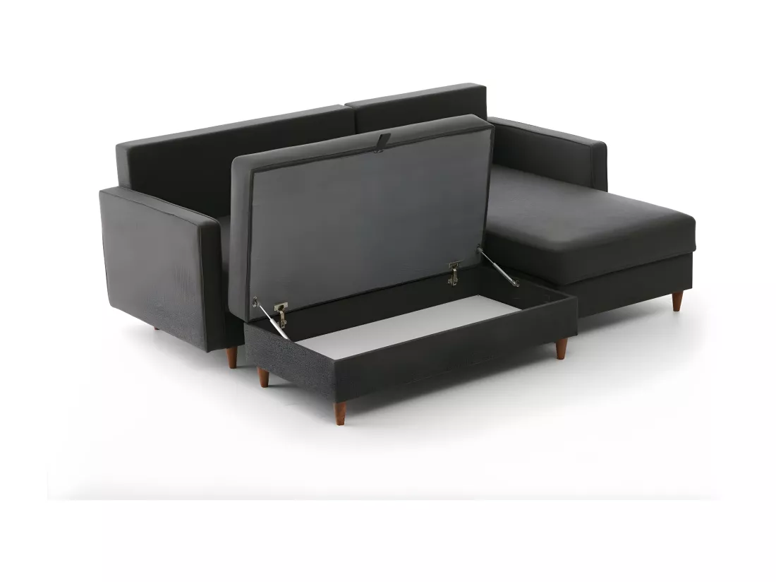 Canapé d'angle à gauche convertible avec pouf-coffre Evania Tissu Gris anthracite