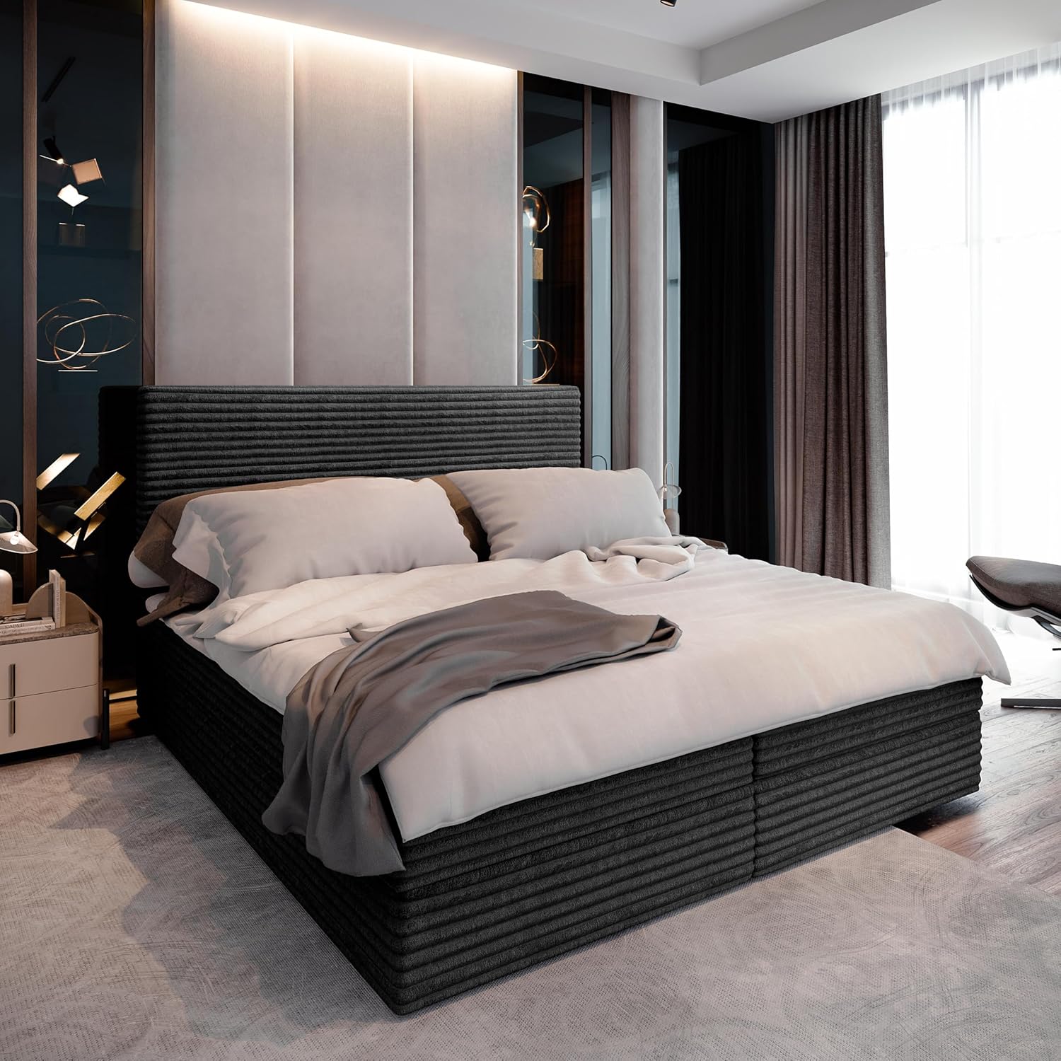 Masseno Boxspringbett PISA 180x200 cm Komplett-Set mit Matratze und Topper, Polsterbett mit Zwei Bettkästen -Schwarz, TILIA 100