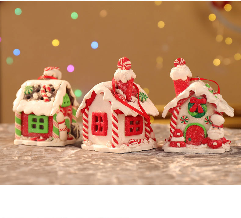 (3er Set) LED Christbaum Schmuck Weihnachtsbaum Deko Ornamente (inkl. LR44 Batterien) - Lebkuchenhaus Rot