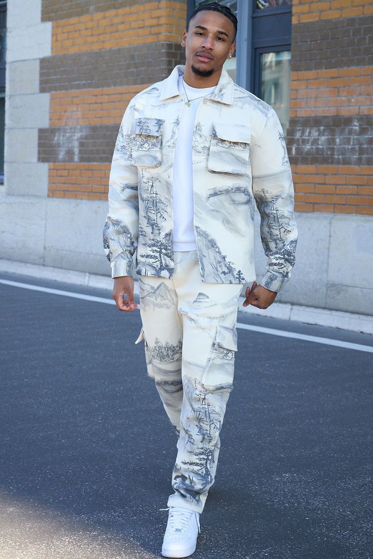 Ensemble 2 pièces veste + jogging beige à motifs paysage