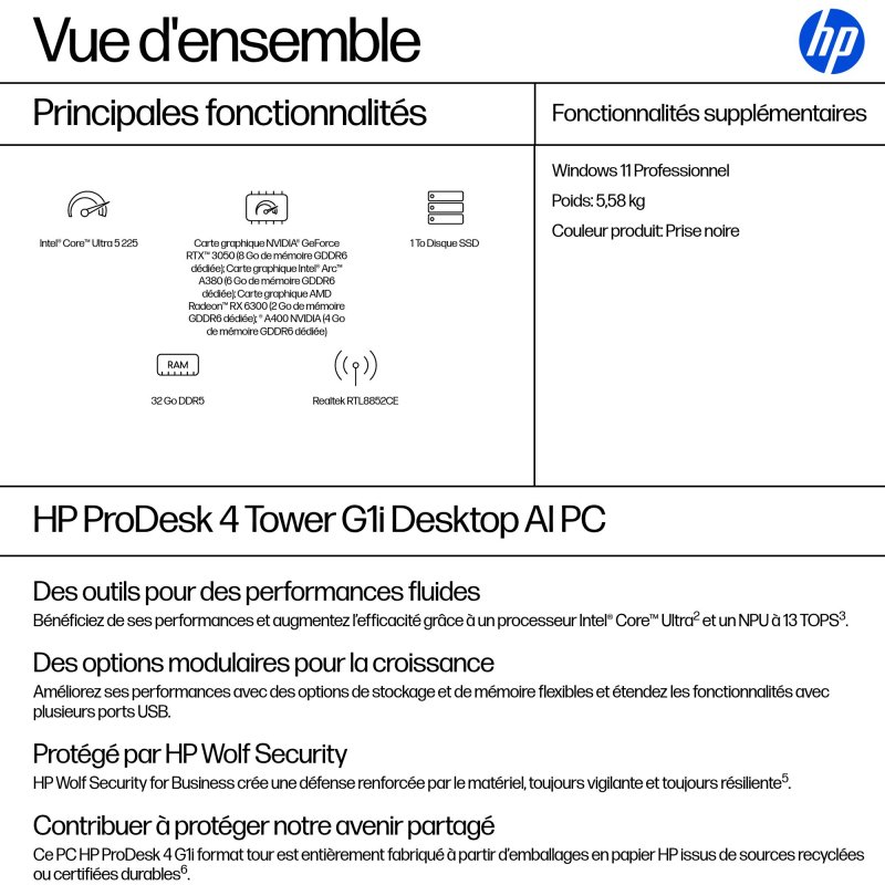 HP ProDesk 4 Tower G1i Desktop AI PC Intel Core Ultra 5 225 32 Go DDR5-SDRAM 1 To SSD Windows 11 Pro Noir