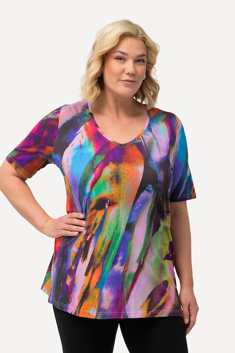 Longshirt, farbiger Druck, A-Linie, V-Ausschnitt, Halbarm
