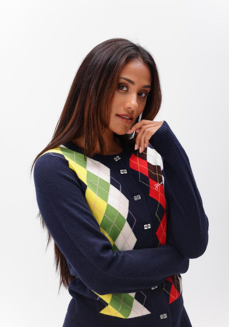 donkerblauwe ganni truien/vesten cashmere wool mix argyle cardigan